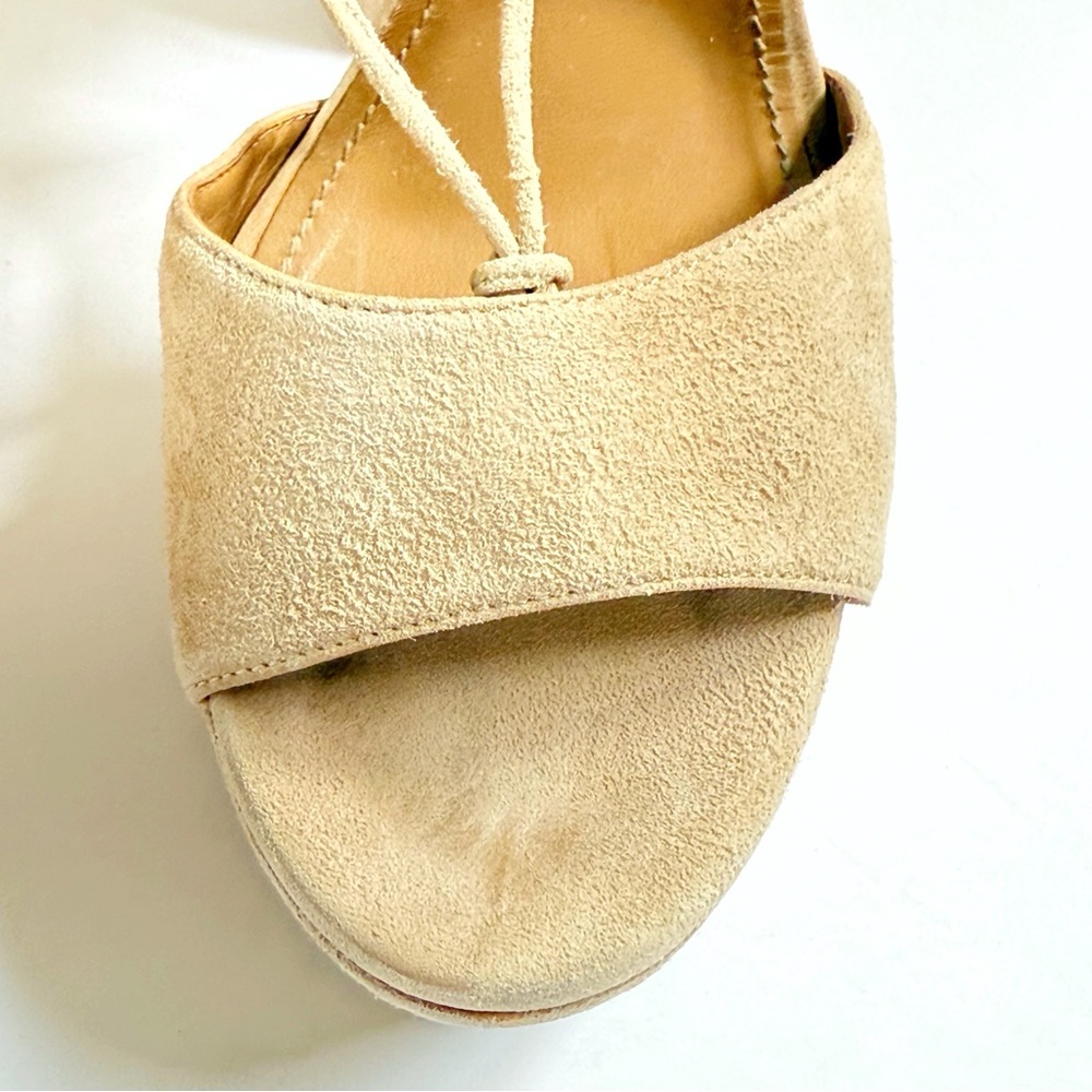 AQUAZZURA AUSTIN BEIGE CREAM SUEDE LACE UP ANKLE WRAP PLATFORM CHUNKY HEEL - Picture 9 of 15
